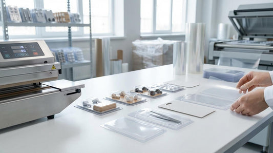  A bright packaging studio showcasing various unbranded blister packs and PET sheets, emphasizing quality.