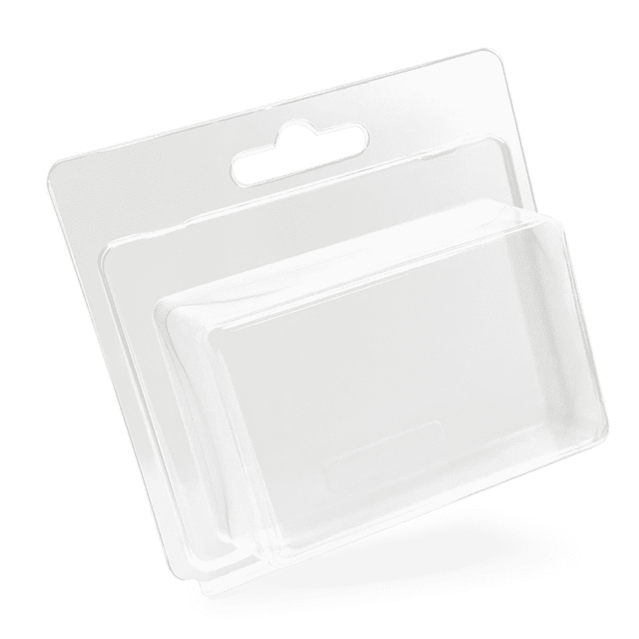 A transparent PET clamshell blister package containing a paper card insert, designed for retail product display.