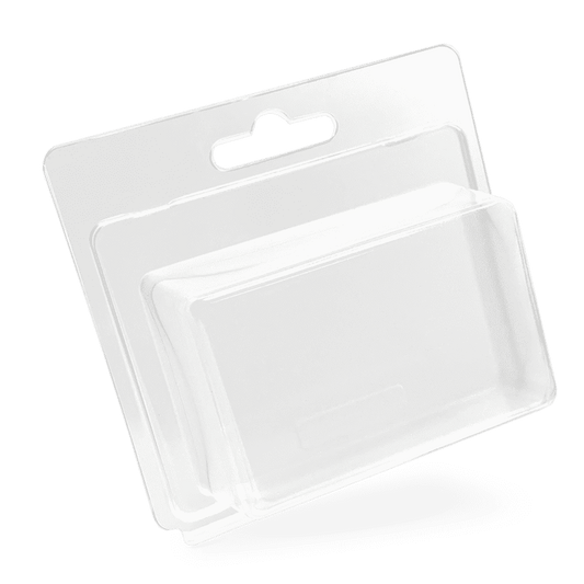 A transparent PET clamshell blister package containing a paper card insert, designed for retail product display.