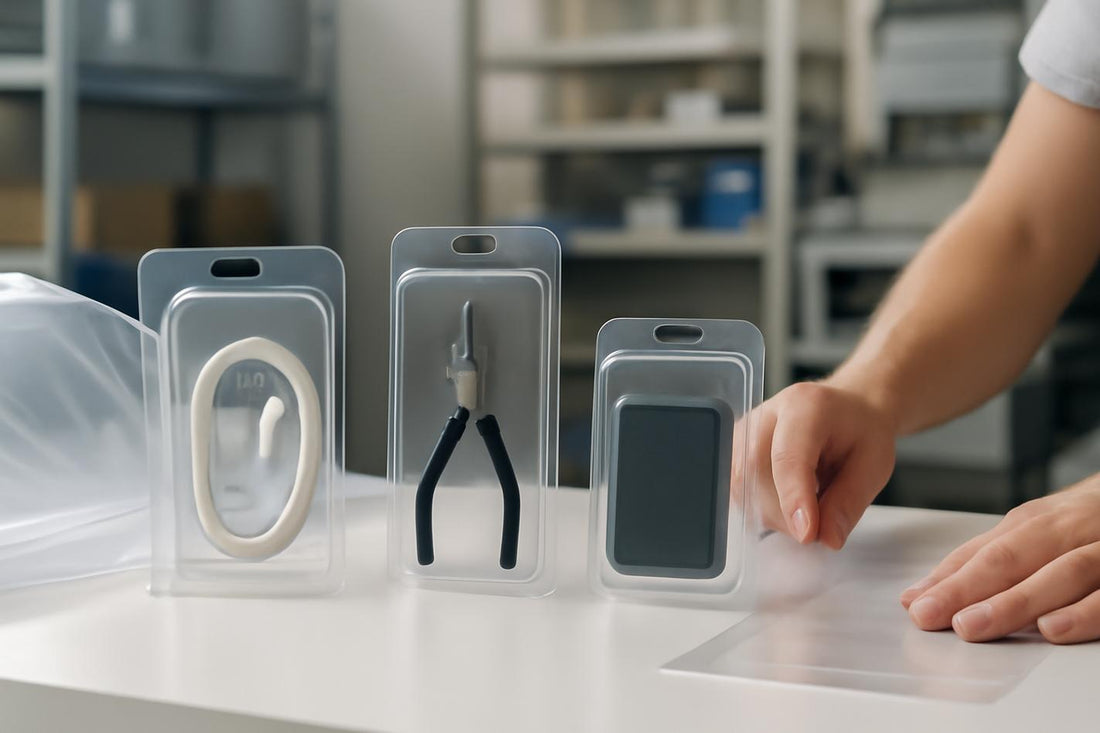  "Photorealistic scene showcasing clear clamshell blister packs in a professional production environment."