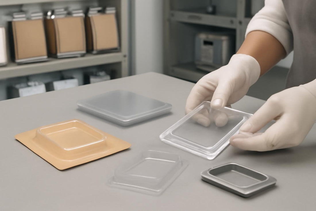  A clean workspace showcasing transparent blister packaging and clamshells, emphasizing precision and sustainability.