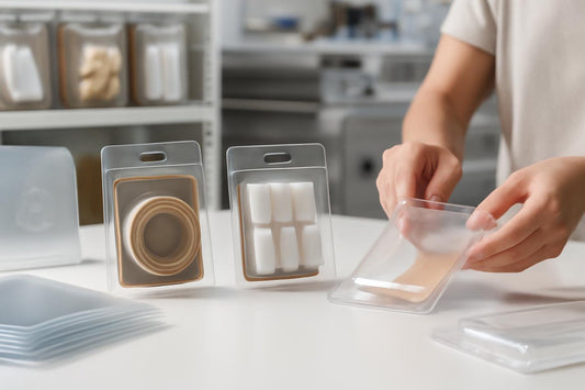  A clean workspace showcasing clamshell packaging and tools, emphasizing sustainability and design.